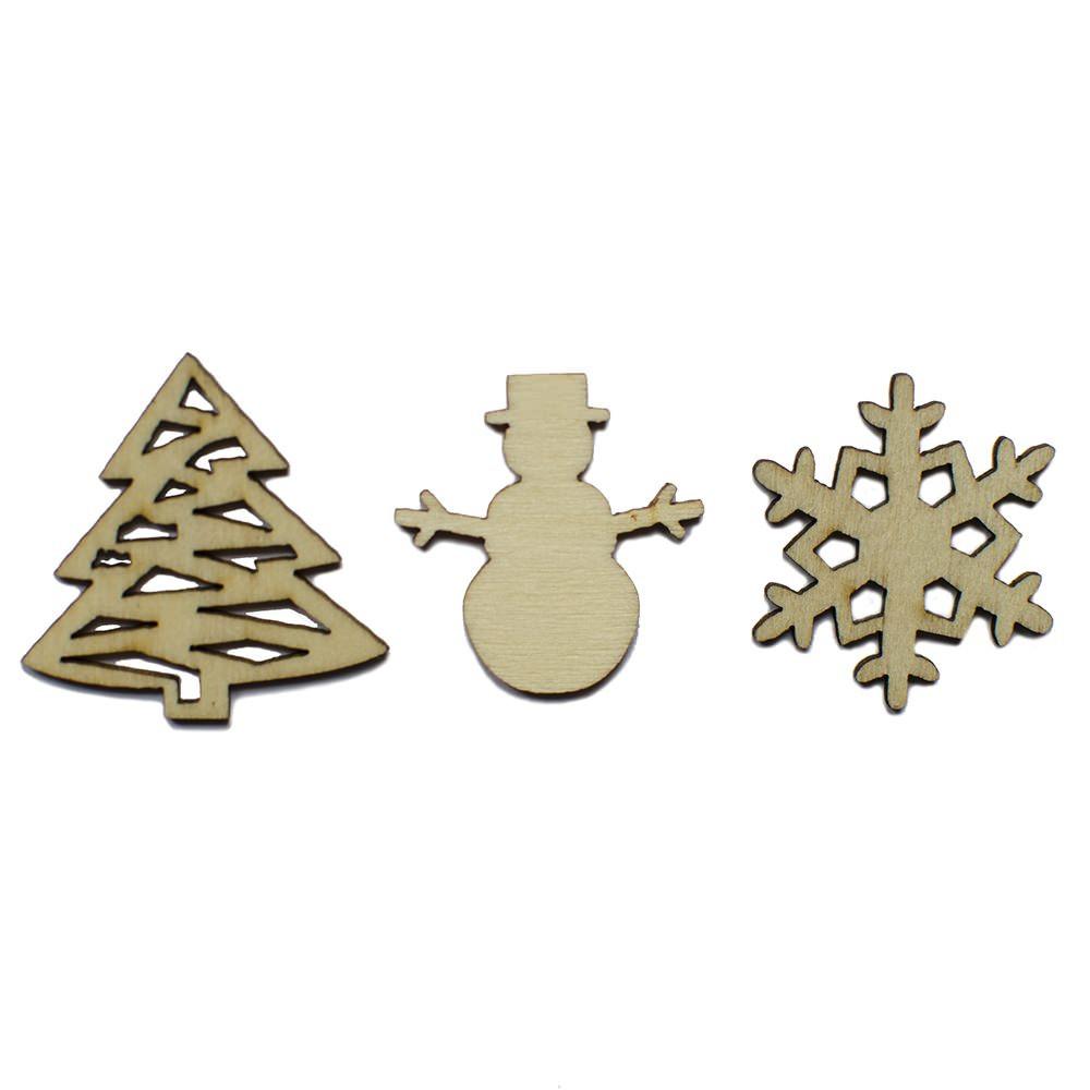Wood Set of 3 Miniature Christmas Unfinished Wooden Shapes Craft Cutouts in Beige color