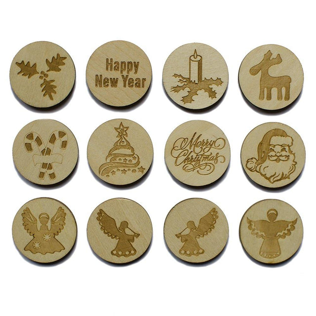 12 Christmas Laser Engraved Unfinished Wooden Circle Round Cutouts 1.15 Inches in Beige color, Round shape
