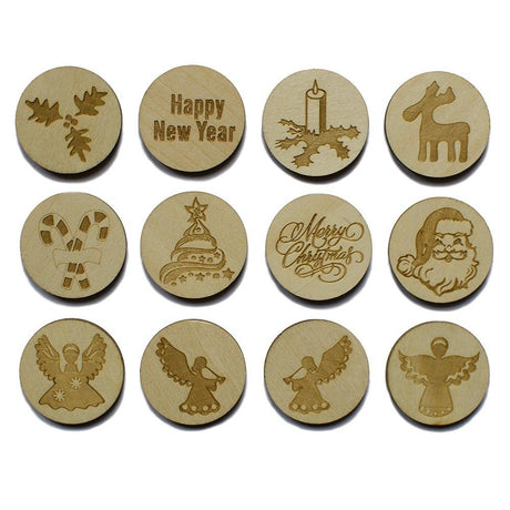 Wood 12 Christmas Laser Engraved Unfinished Wooden Circle Round Cutouts 1.15 Inches in Beige color Round
