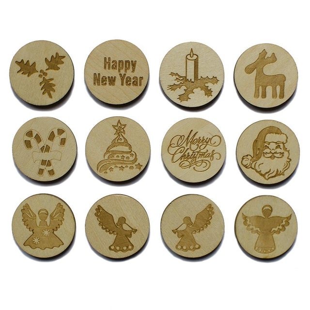 12 Christmas Laser Engraved Unfinished Wooden Circle Round Cutouts 1.15 Inches in  color Round