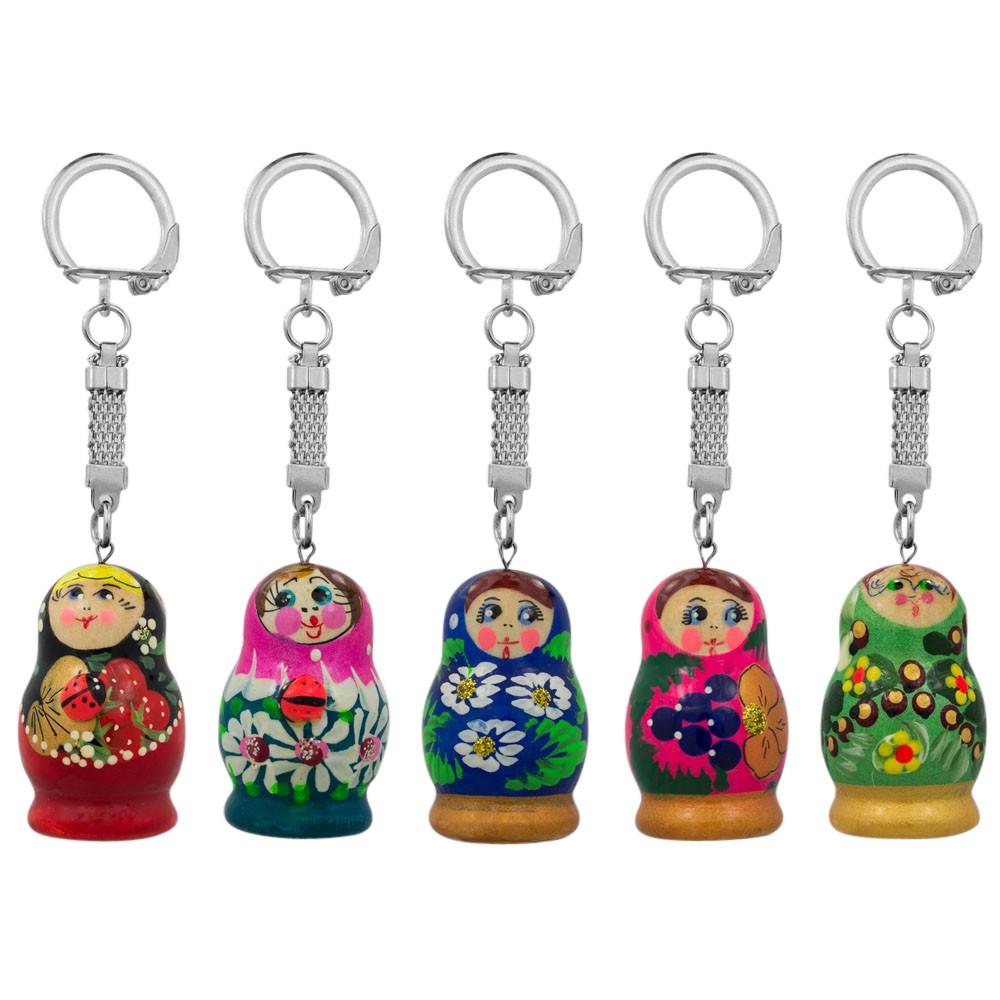 Set of 5 Wooden Dolls Matryoshka Key Chain Charms 1.5 Inches