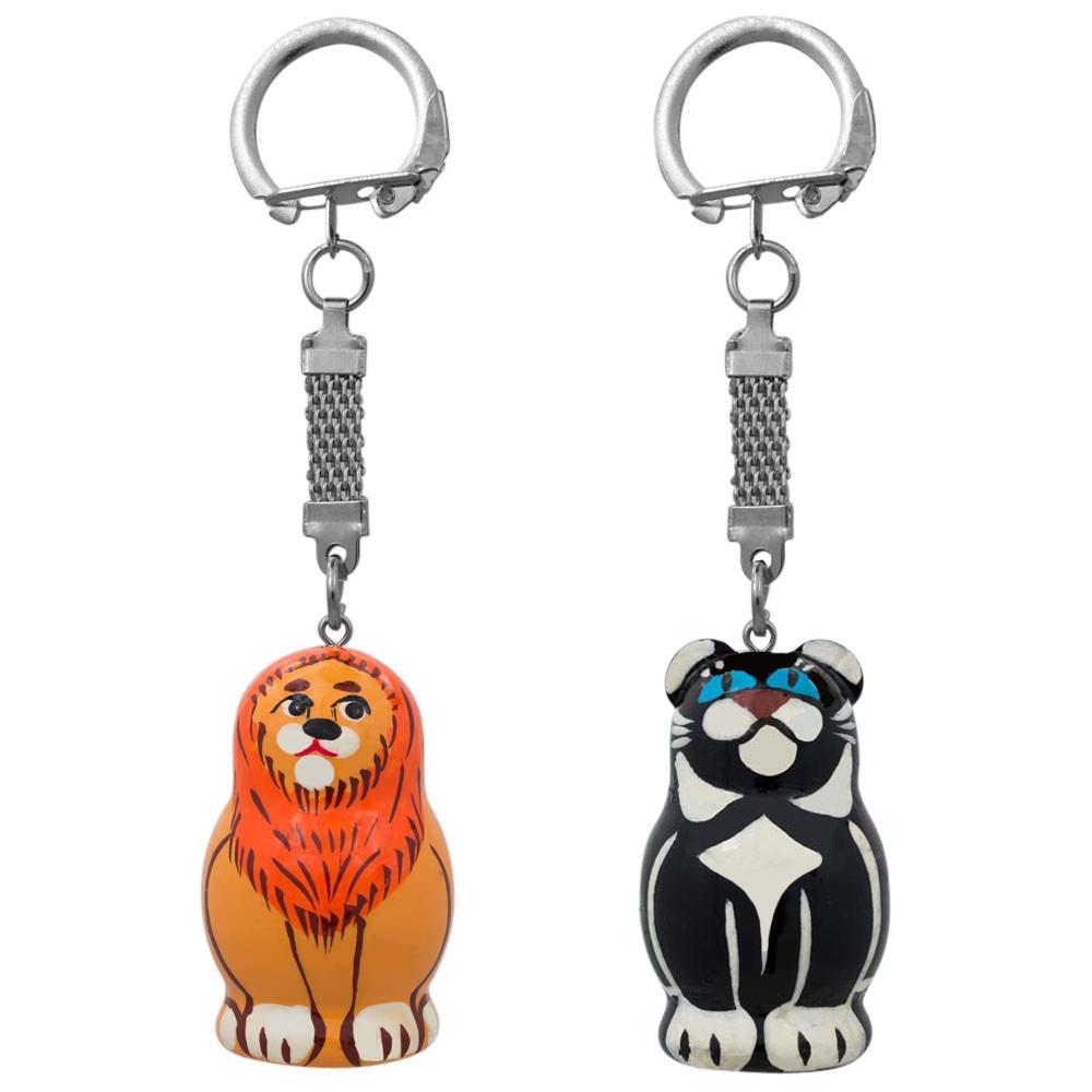Set of 2 Lion and Black Panther Animal Wooden Key Chains 1.75 Inches in Multi color,  shape
