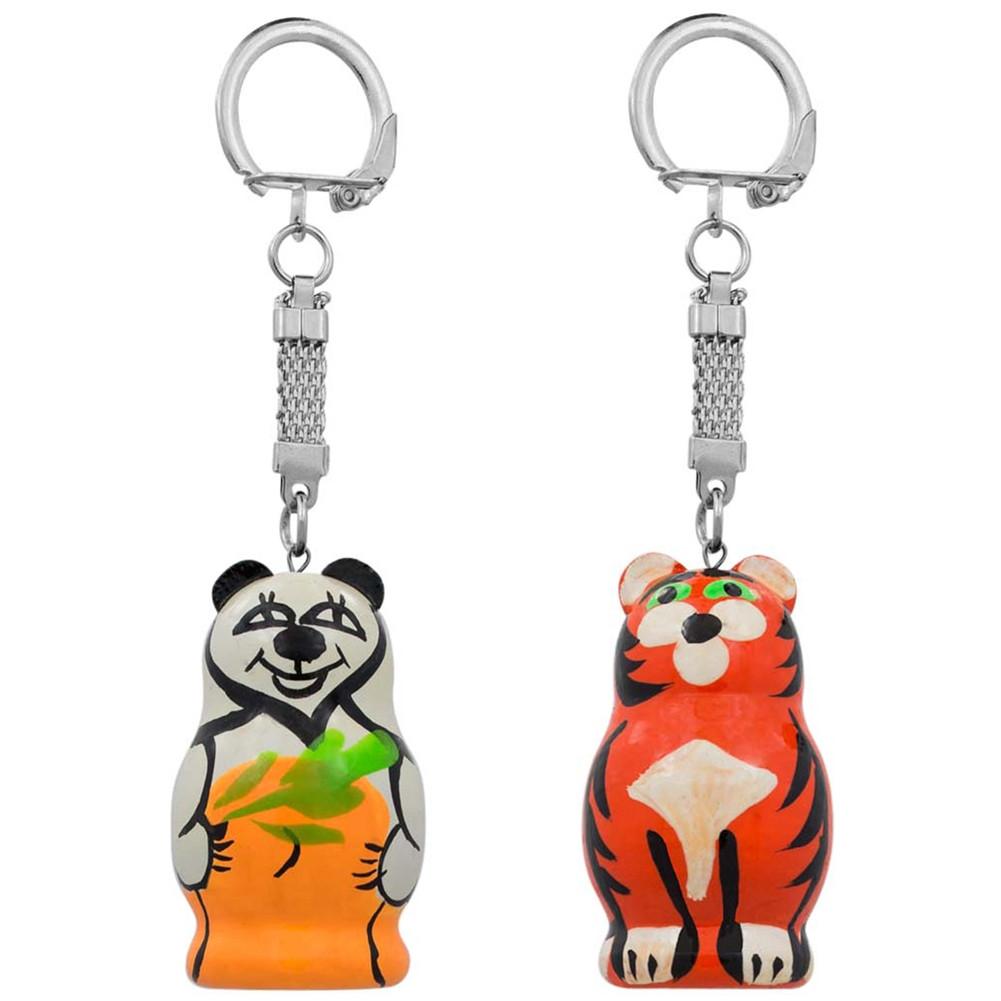 Set of Tiger and Panda Wooden Key Chains 1.75 Inches in Multi color,  shape