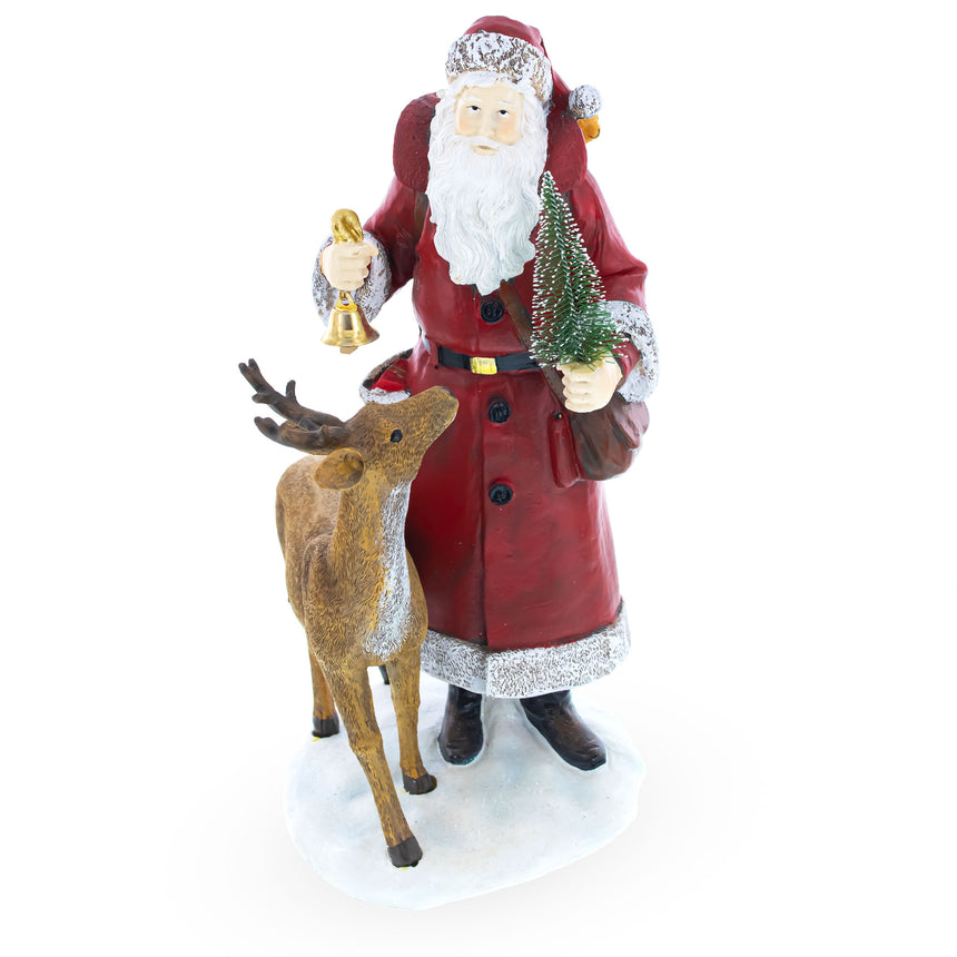 Santa Holding Christmas Tree and Bell by Reindeer Figurine 12 Inches in Red color