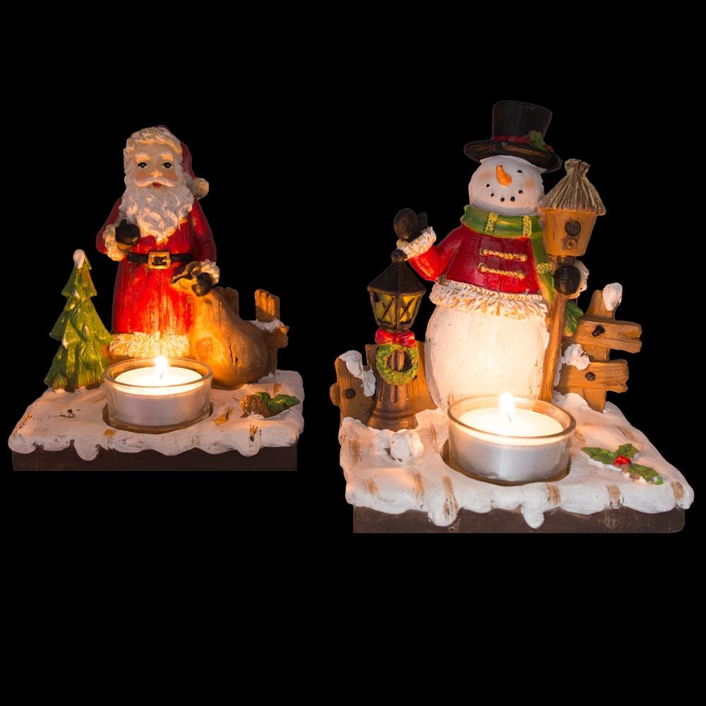 Set of 2 Santa and Snowman Candle Holders 6 Inches