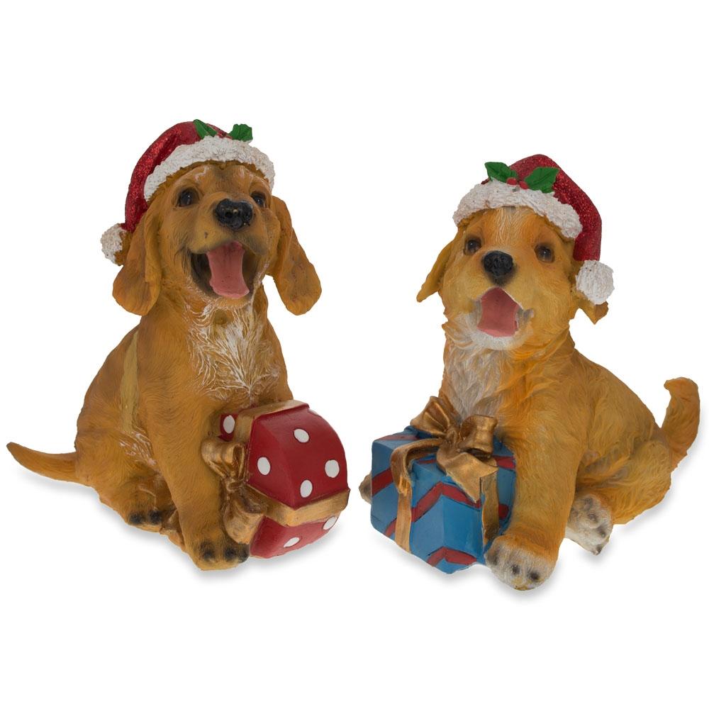 Set of 2 Golden Retriever Puppies Figurines with Christmas Gifts 5.75 Inches in Brown color,  shape