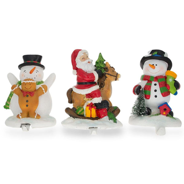 Set of 3 Hand Painted Stocking Holders - Snowmen & Santa 6.5 Inches in Multi color,  shape