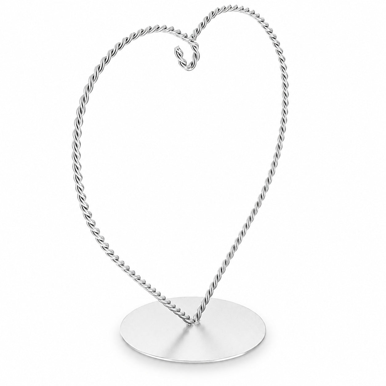 Heart-Shaped Twisted Silver Metal Ornament Display Stand 6.2 Inches (Poland)Poland , dimensions in inches: 6.2 x 6.2 x 3