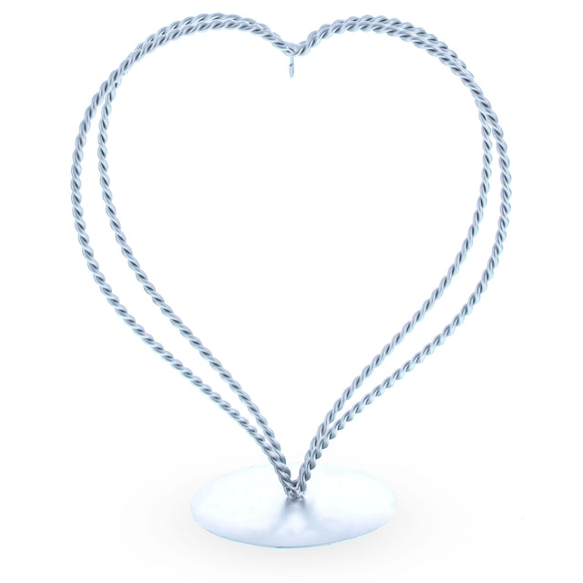 Metal Double Swirled Heart Silver Metal Solid Round Base Ornament Display Stand 7.25 Inches in Silver color