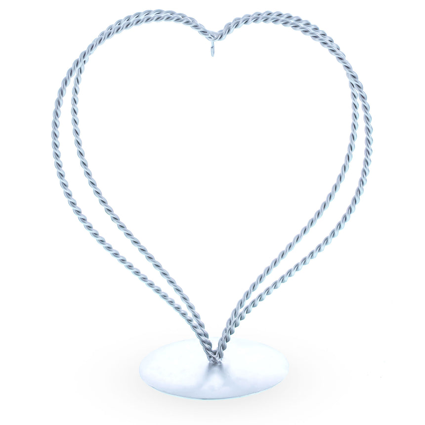 Double Swirled Heart Silver Metal Round Base Ornament Display Stand 7.25 Inches in  color
