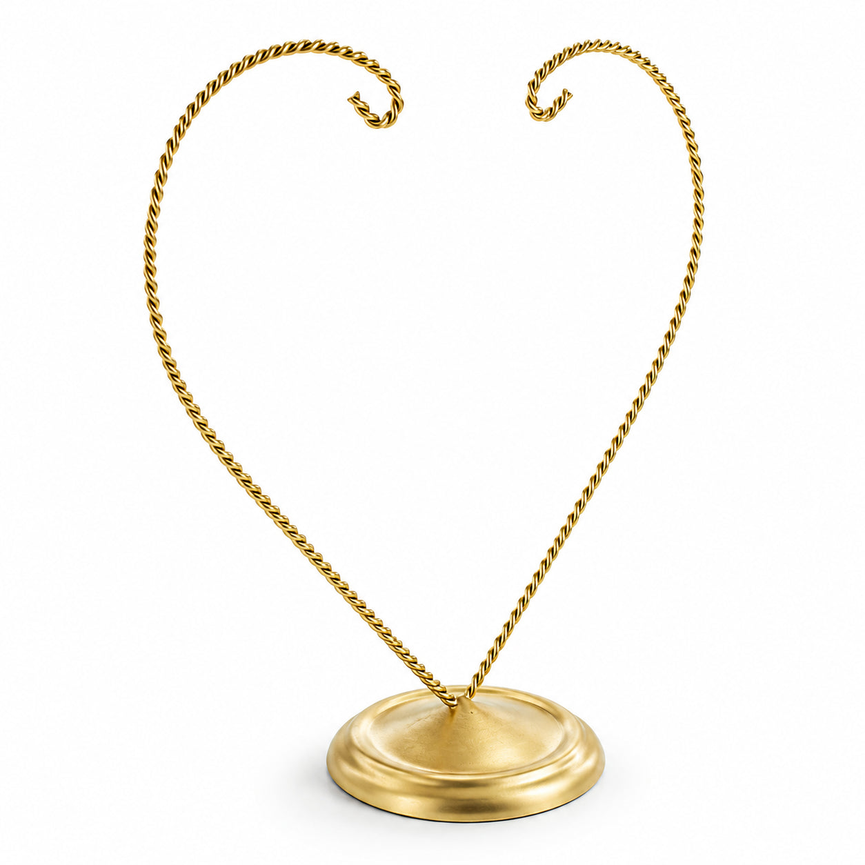 Open-Top Heart Twisted Gold Metal Ornament Display Stand 9 Inches (Poland)Poland , dimensions in inches: 9 x 9.5 x 3