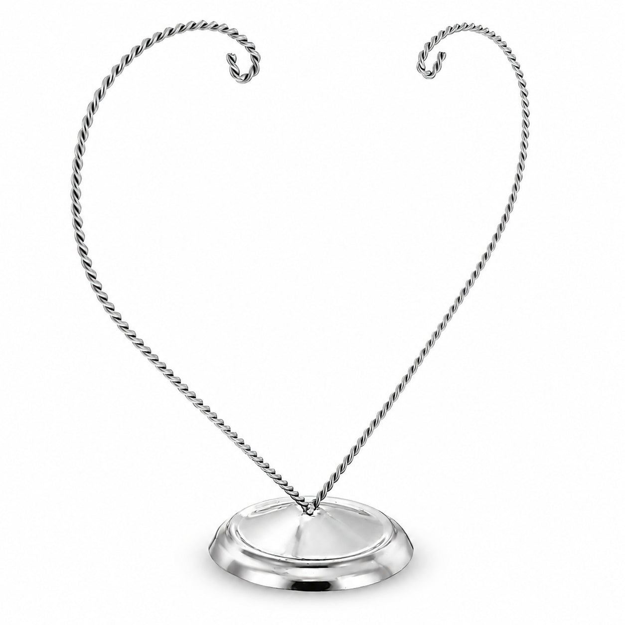 Open-Top Heart Twisted Silver Metal Ornament Display Stand 9 Inches (Poland)Poland , dimensions in inches: 9 x 9.5 x 3