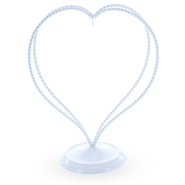 Double Swirled Heart White Metal Round Base Ornament Display Stand 7.25 Inches in White color