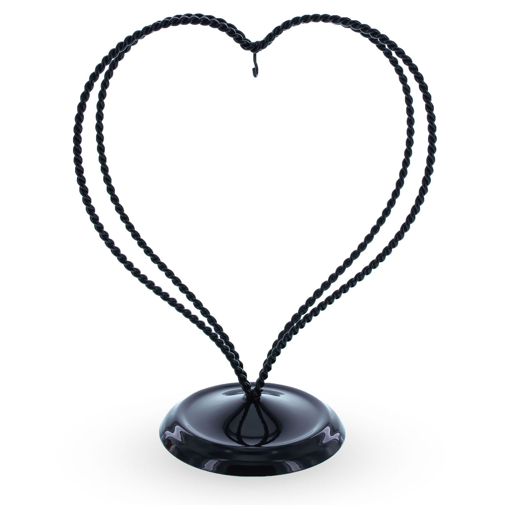 Metal Double Swirled Heart Black Metal Solid Round Base Ornament Display Stand 7.25 Inches in Black color