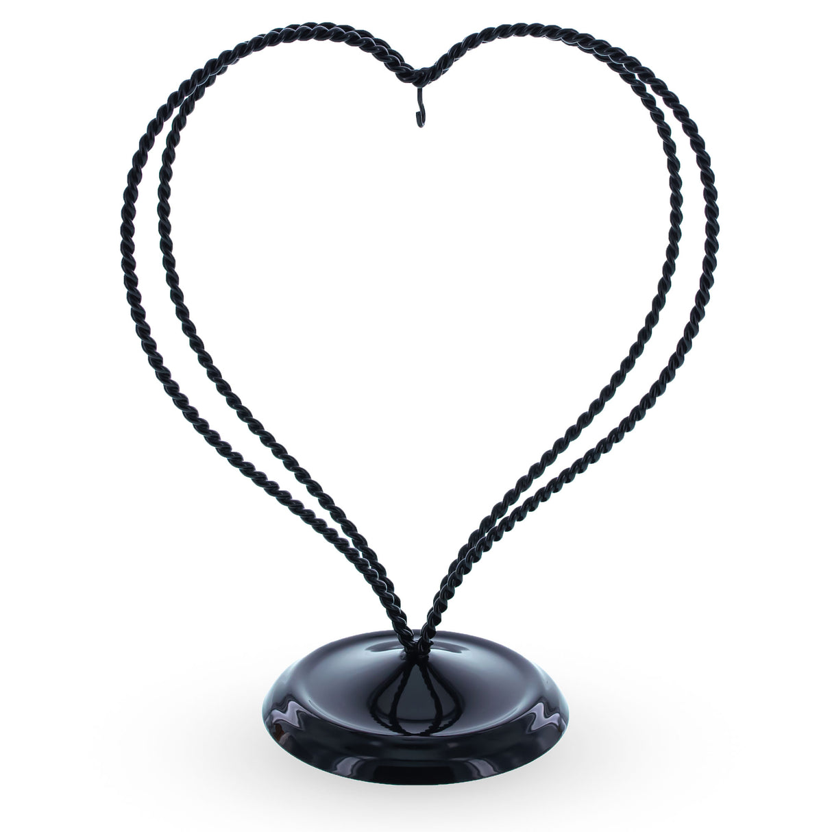 Metal Double Swirled Heart Black Metal Solid Round Base Ornament Display Stand 7.25 Inches in Black color