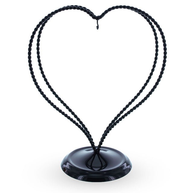 Metal Double Swirled Heart Black Metal Solid Round Base Ornament Display Stand 7.25 Inches in Black color