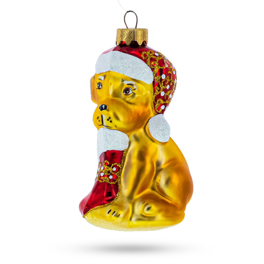 Puppy in Santa Hat with Stocking Glass Christmas Ornament in Gold color Figurine