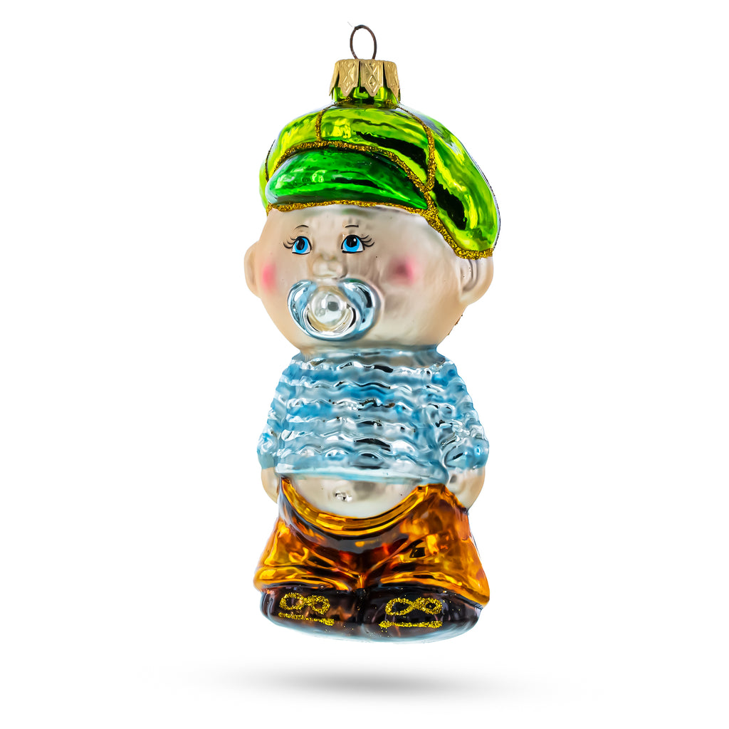 Toddler Boy With Pacifier Glass Christmas Ornament in Blue color Figurine