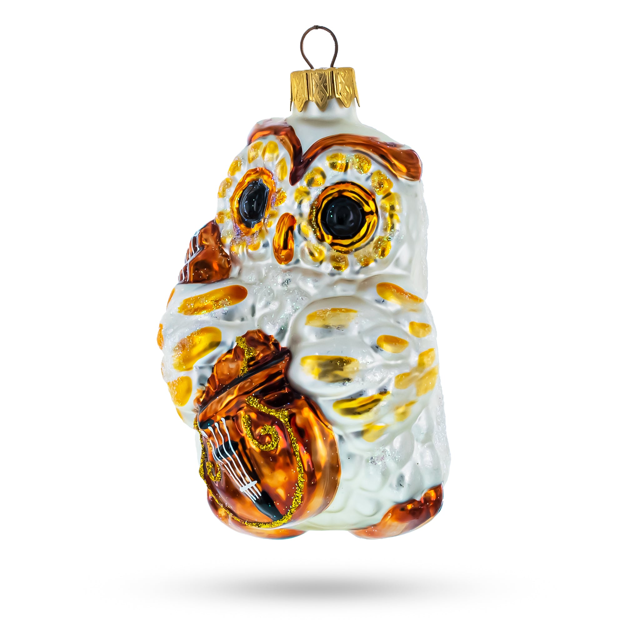 Wise Owl Playing Cello Glass Christmas Ornament in White color Figurine
