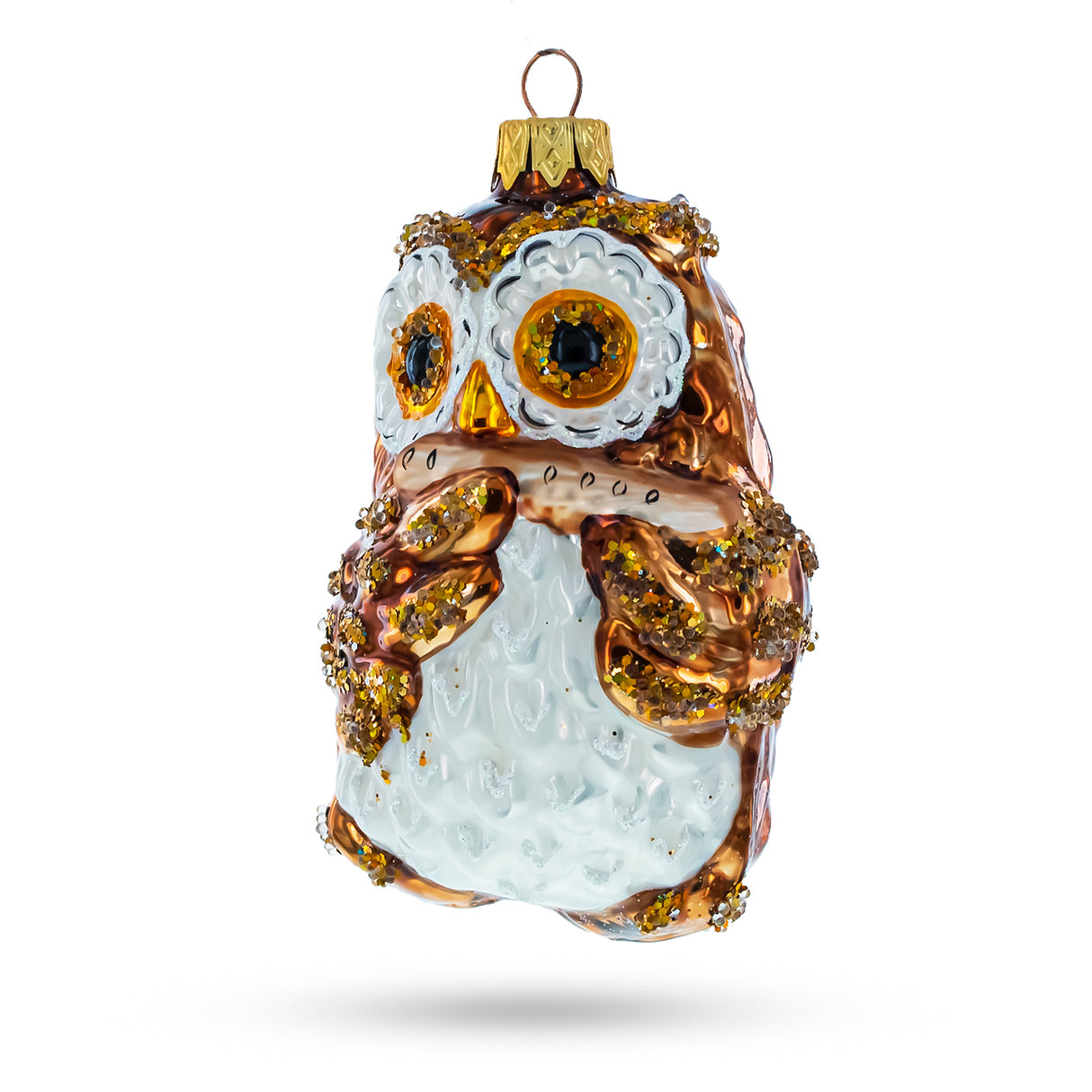 Owl Playing Harmonica Glass Christmas Ornament in Brown color,  shape