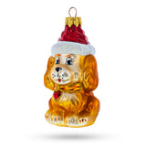 Puppy Wearing Santa Hat Glass Christmas Ornament in Brown color