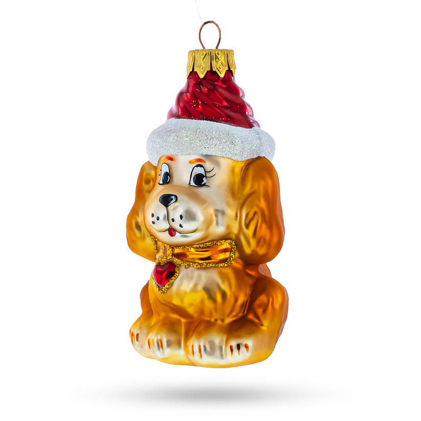 Puppy Wearing Santa Hat Glass Christmas Ornament in Brown color
