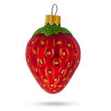 Juicy Strawberry with Glittered Leaf Glass Christmas Ornaments in Red color,  shape