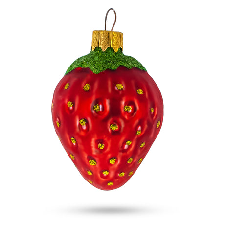 Glass Juicy Strawberry with Glittered Leaf Glass Christmas Ornaments in Red color