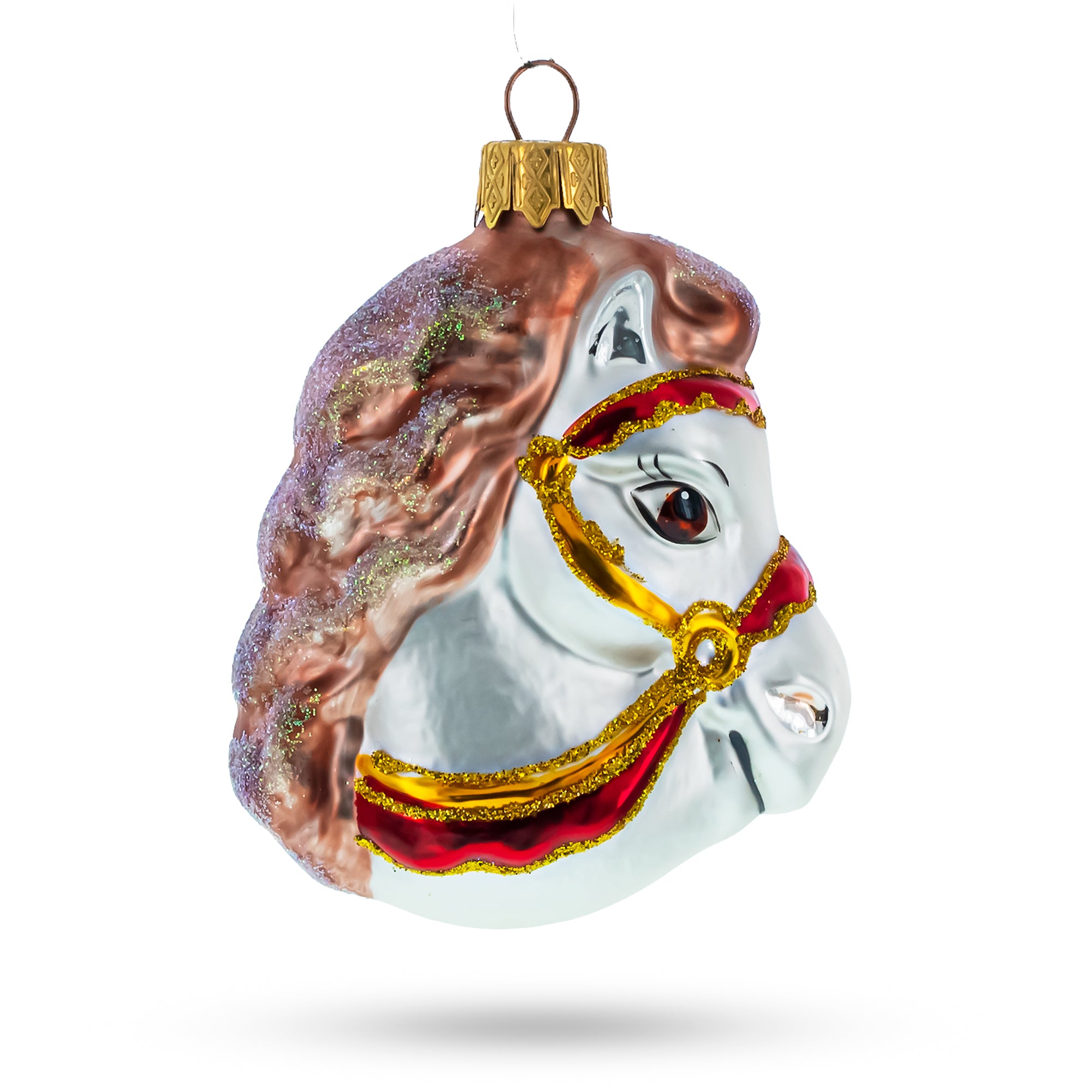 White Horse Head with Golden Bridle Glass Christmas Ornaments in Silver color Figurine
