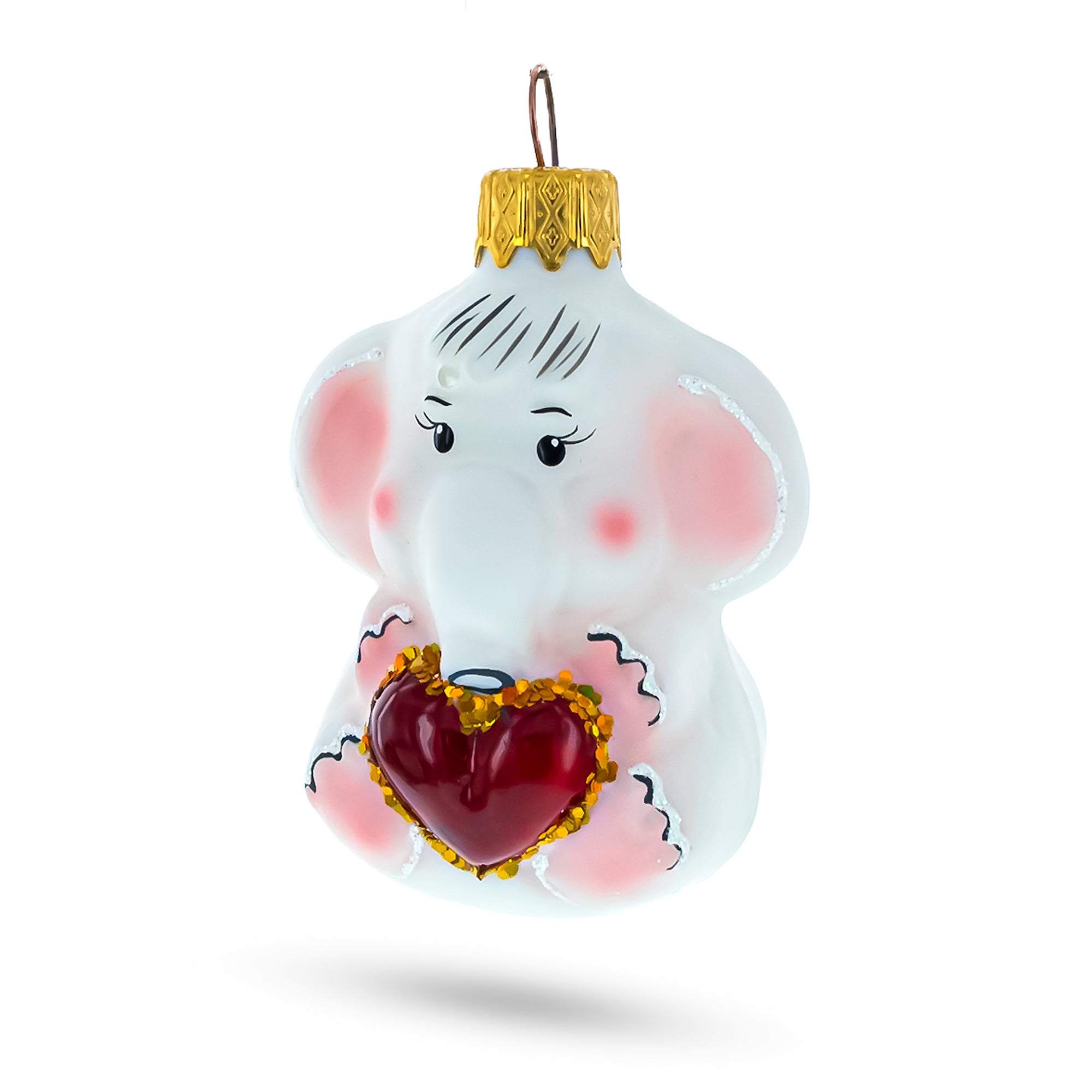 White Elephant with Red Heart Mini Glass Christmas Ornament in White color Figurine