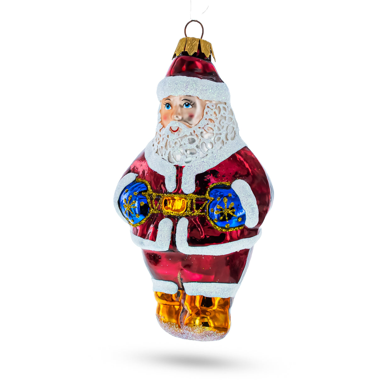 Festive Santa with Blue Mittens Glass Christmas Ornament in Red color,  shape