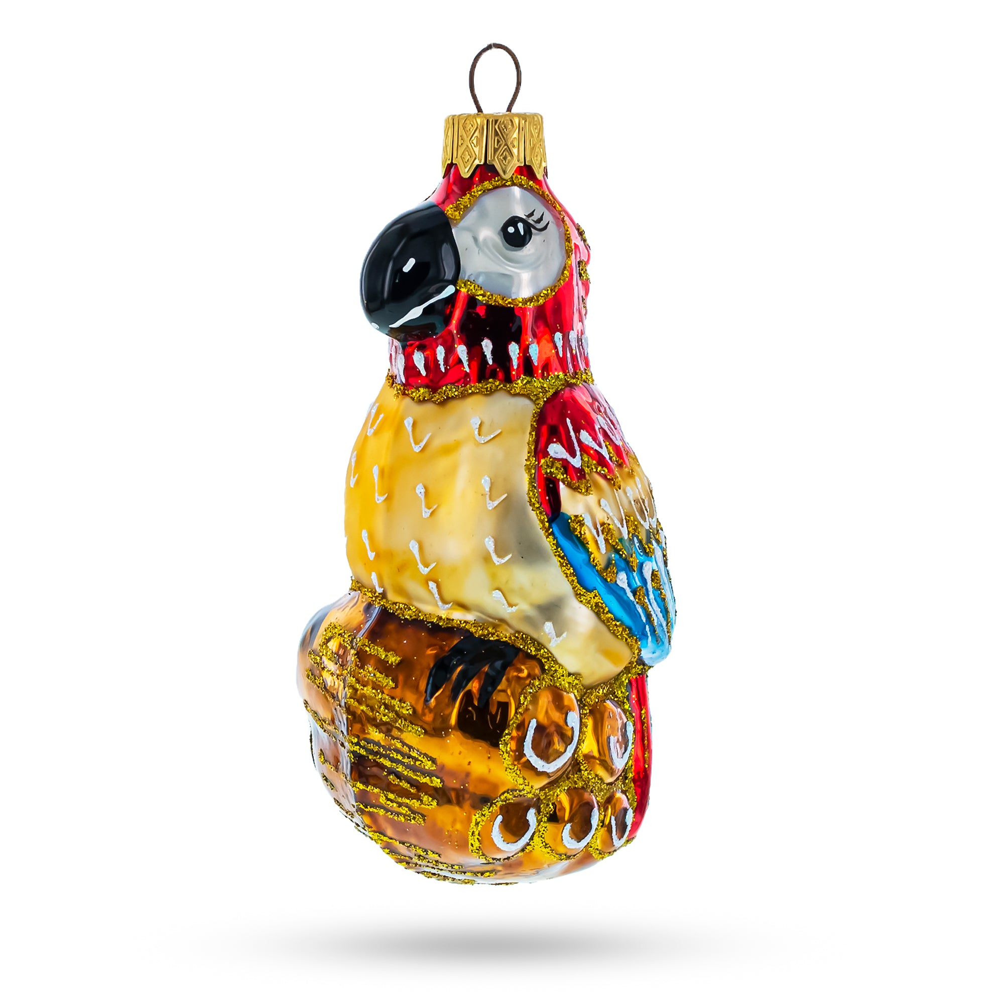 Vibrant Pirate Parrot Sitting on Barrel Stack Glass Christmas Ornament in Yellow color Figurine