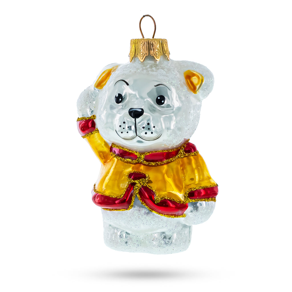 Glass Bear Cub Waving Glass Christmas Ornament in White color