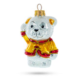 Bear Cub Waving Glass Christmas Ornament in White color,  shape