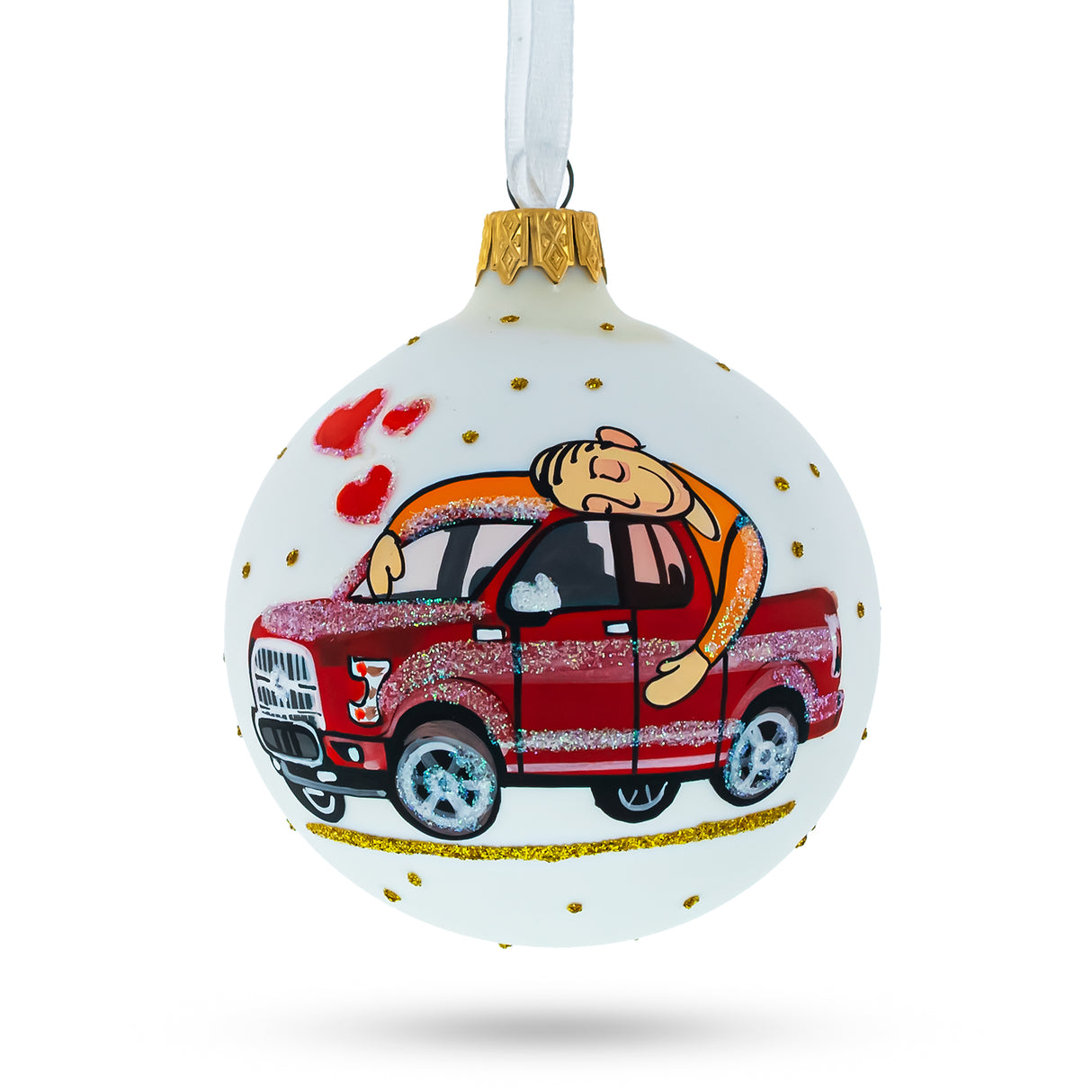 I Love My Car Blown Glass Ball Christmas Ornament 3.25 Inches in White color, Round shape