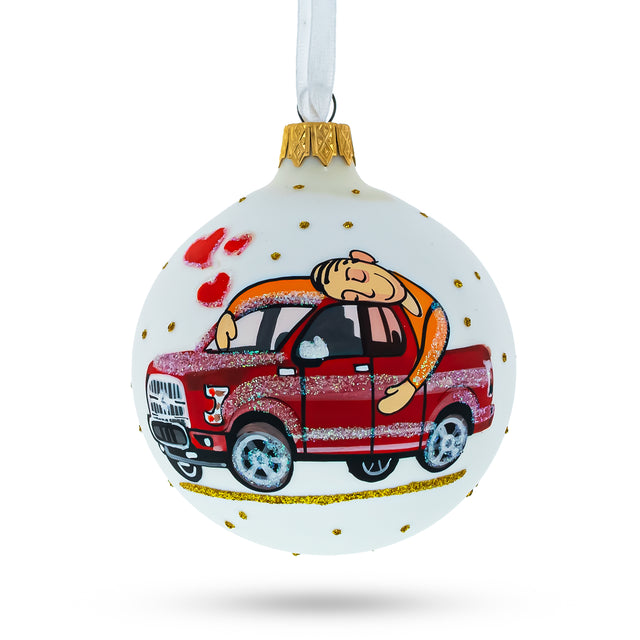 I Love My Car Blown Glass Ball Christmas Ornament 3.25 Inches in White color, Round shape