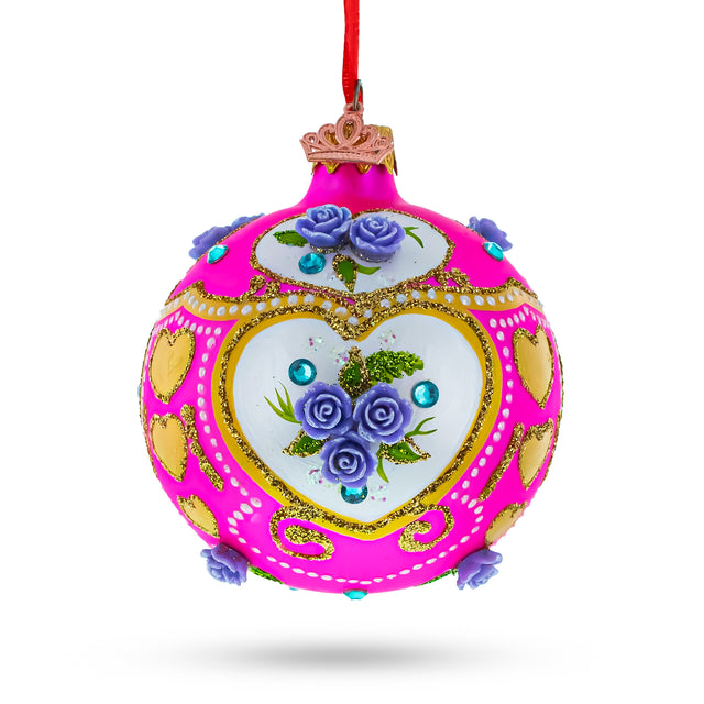 Three-Dimensional Roses on Pink Blown Glass Ball Christmas Ornament 3.25 Inches in Pink color, Round shape