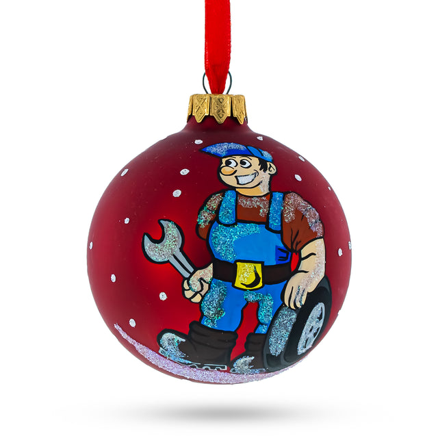 Skilled Car Mechanic - Blown Glass Ball Christmas Ornament 3.25 Inches in Red color, Round shape