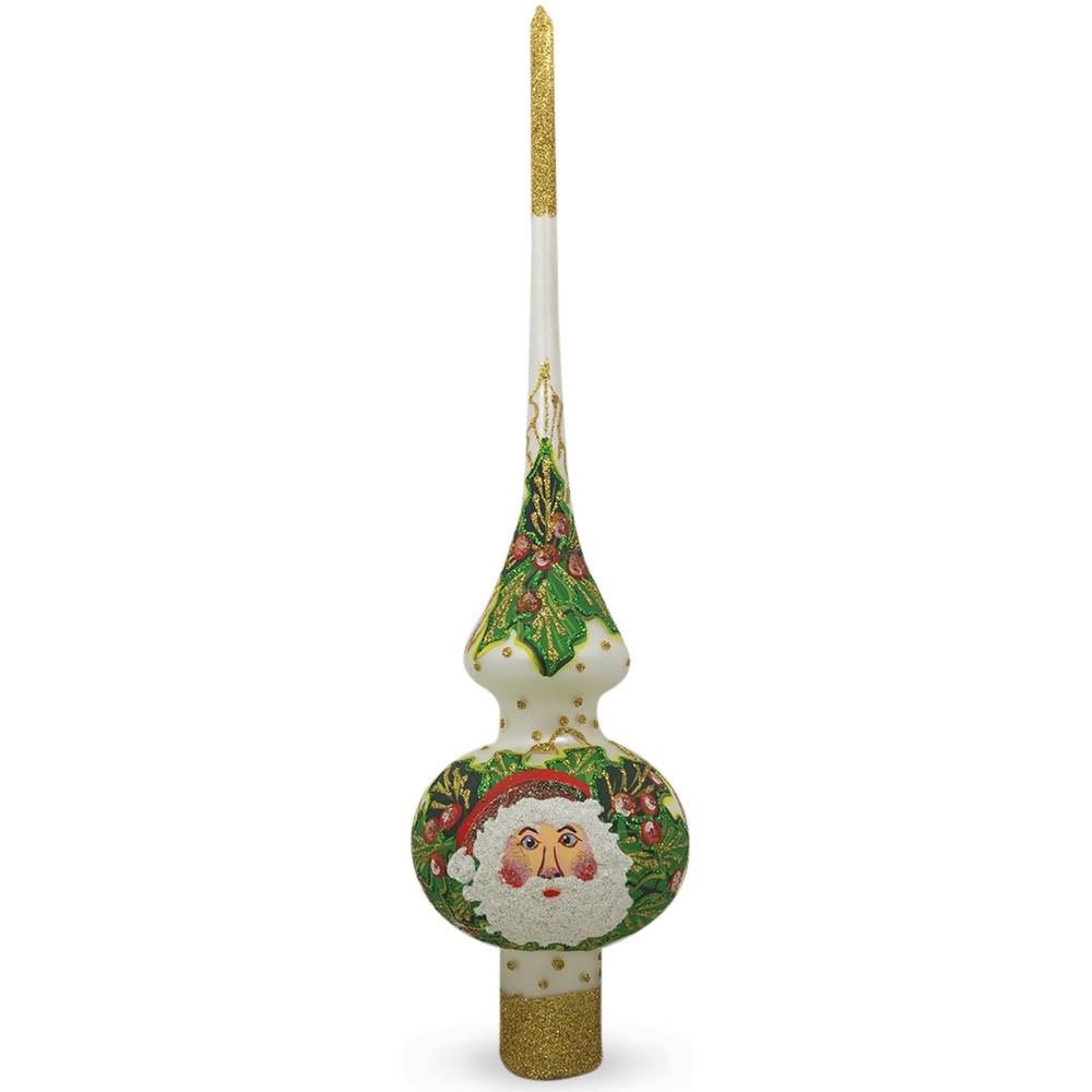 Santa Head and Mistletoe on White Artisan Hand Crafted Mouth Blown Glass Christmas Tree Topper 11 Inches in White color Triangle