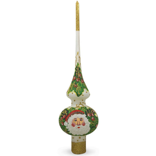 Santa Head and Mistletoe on White Artisan Hand Crafted Mouth Blown Glass Christmas Tree Topper 11 Inches in White color Triangle