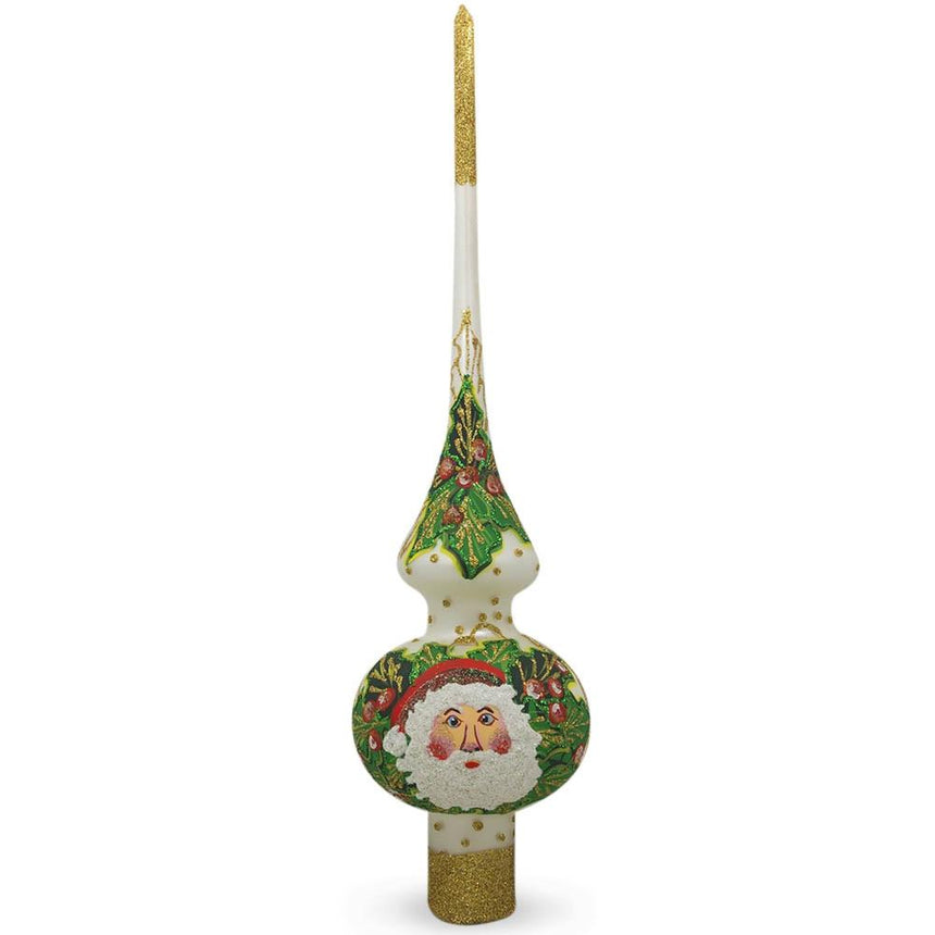 Santa Head and Mistletoe on White Artisan Hand Crafted Mouth Blown Glass Christmas Tree Topper 11 Inches in White color Triangle
