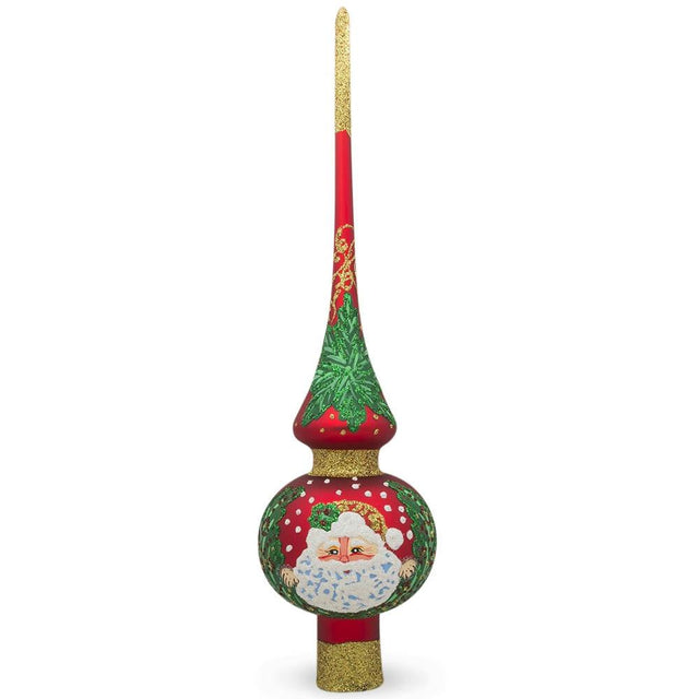 Santa and Mistletoe on Red Artisan Hand Crafted Mouth Blown Glass Christmas Tree Topper 11 Inches in Red color, Triangle shape