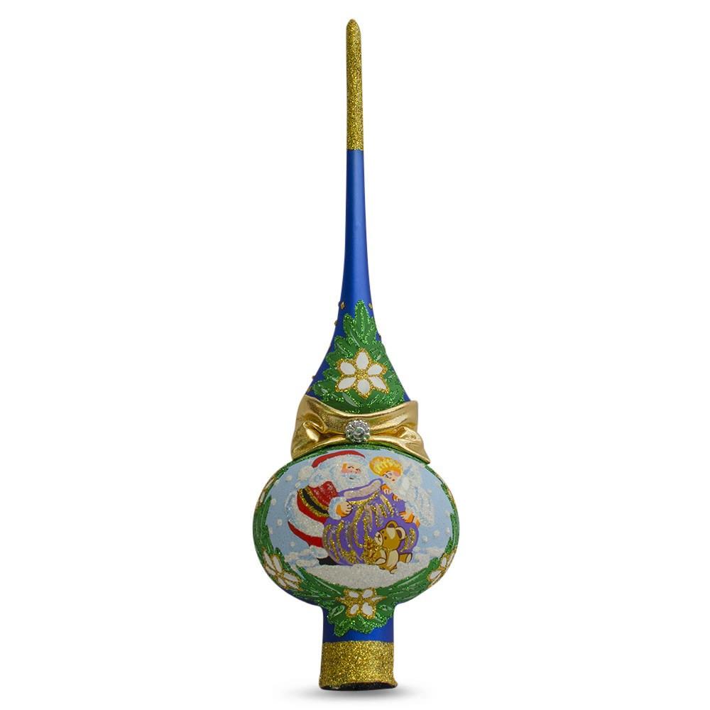 Santa with an Angel on Blue Mouth Blown Glass Christmas Tree Topper 11 Inches in Blue color Triangle