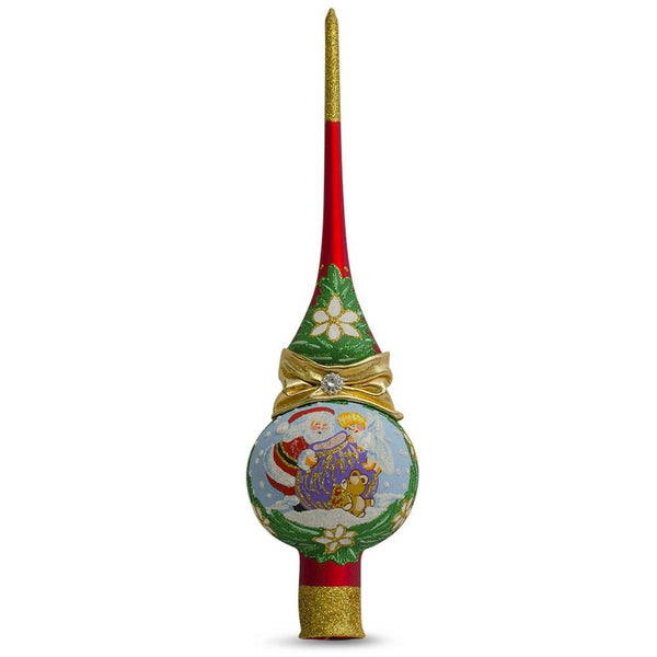 Santa with an Angel on Red Artisan Hand Crafted Mouth Blown Glass Christmas Tree Topper 11 Inches in Red color, Triangle shape