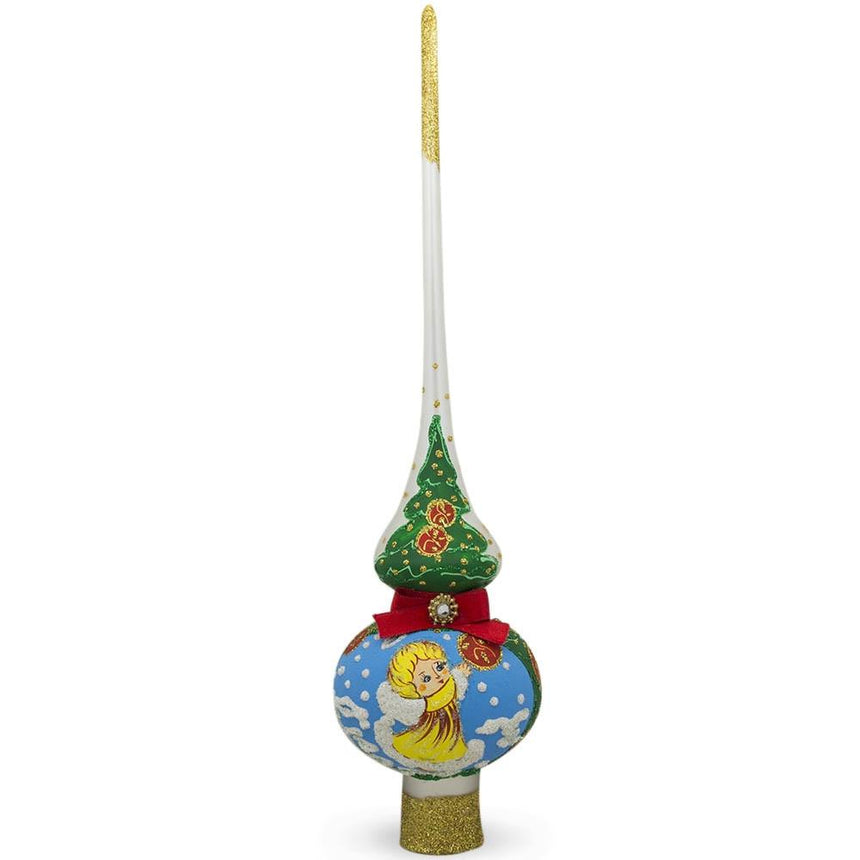 Angel Decorating Tree on White Artisan Hand Crafted Mouth Blown Glass Christmas Tree Topper 11 Inches in  color Triangle