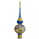 Angels Admire Jesus Nativity Scene on Blue Artisan Hand Crafted Mouth Blown Glass Christmas Tree Topper 11 Inches in Blue color Triangle