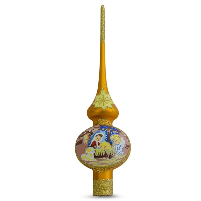 Angels Admire Jesus Nativity Scene on Gold Artisan Hand Crafted Mouth Blown Glass Christmas Tree Topper 11 Inches in  color Triangle
