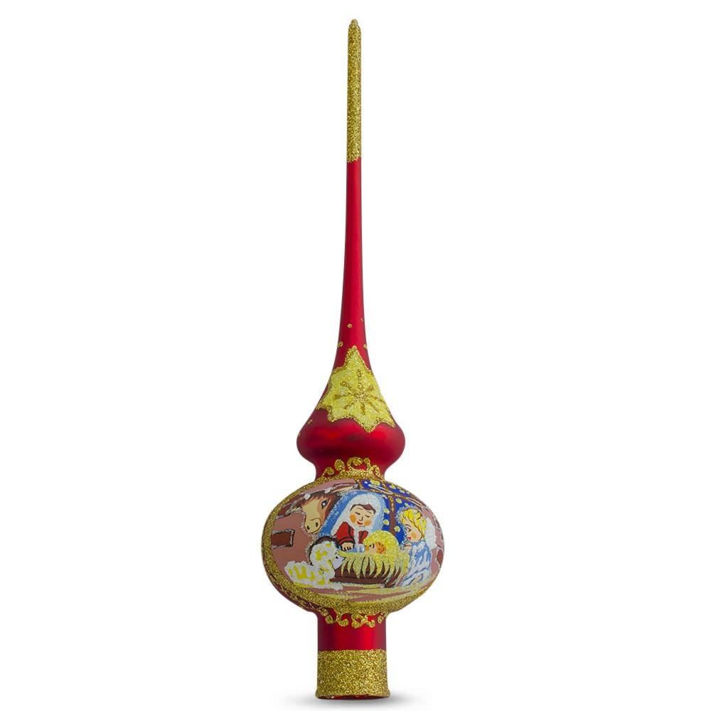 Angels Admire Jesus Nativity Scene on Red Artisan Hand Crafted Mouth Blown Glass Christmas Tree Topper 11 Inches in Red color Triangle