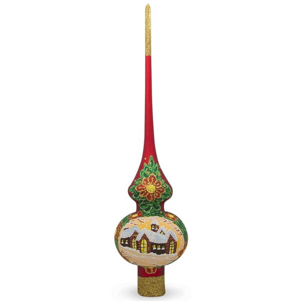 Snow Covered Winter Village on Red Artisan Hand Crafted Mouth Blown Glass Christmas Tree Topper 11 Inches in Red color, Triangle shape
