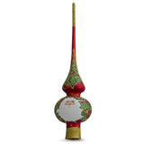 Santa and Mistletoe Wreath on Red Artisan Hand Crafted Mouth Blown Glass Christmas Tree Topper 11 Inches in Red color Triangle